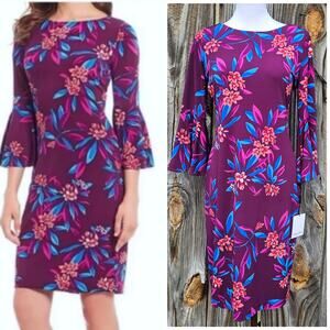 Purple Floral Dress Calvin Klein Size 6 Stretch 3/4 Flare Bell Sleeve CK NWT